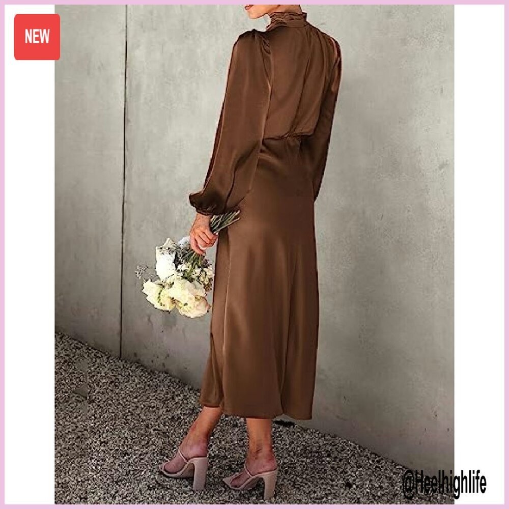 Mock Neck Satin Maxi Dress Long Sleeve Formal Evening Party Gown - Picture 5 of 8